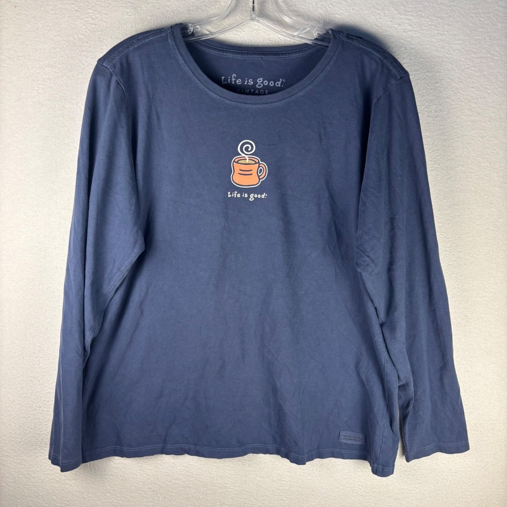 Life is Good Vintage Womens Large Blue Coffee Mug Graphic Long Sleeve T-Shirt - Picture 2 of 10